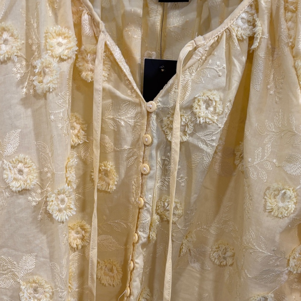 Embroidered Yellow Peasant Blouse with Tie Neck - Women - Picture 2 of 2